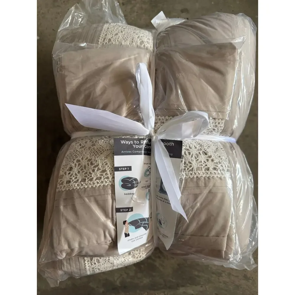 NEW! Madison Park Queen Marla 7PC Lace Trim Comforter Set Throw Pillows Taupe